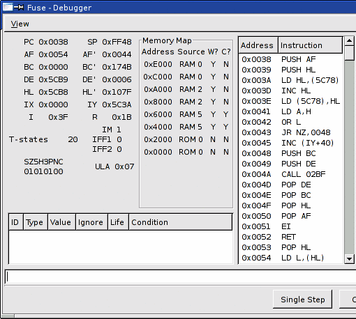 Parte del debugger de FUSE mostrando los registros de la CPU